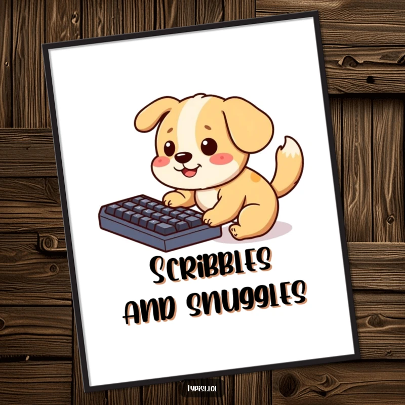 Funny Digital Art Print of a playful dog pecking at a keyboard, tail wagging, bringing instant humor and canine charm to any wall.