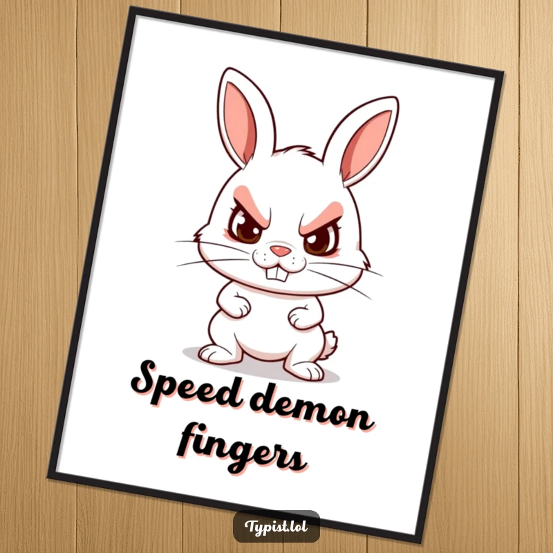 Funny digital art print of a determined rabbit character typing furiously with a grin, perfect for instant download and motivation.