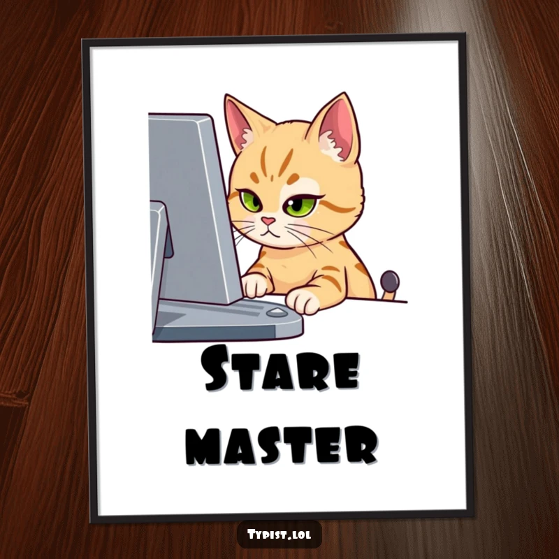 Funny digital art print of a cat intently staring at a computer screen with one eye, capturing digital obsession humorously.