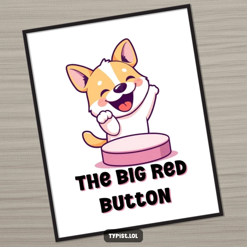 Funny digital art of a bouncing dog about to press a large button, capturing pure joy and comical anticipation for screen display.