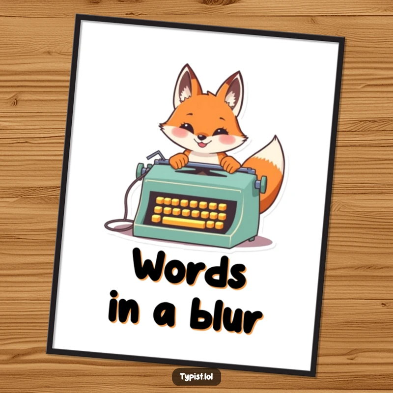 Funny Fox Speed Typing Digital Art: A proud fox types rapidly on a vintage typewriter, a humorous and vibrant digital art piece, funny gift.