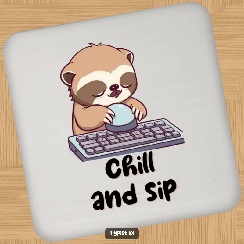 Funny sloth coaster, sleepy sloth slowly pressing a single large keyboard button, protecting furniture.