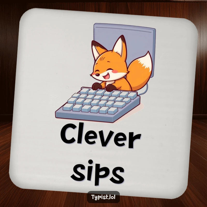 Funny drink coaster with a happy fox grinning while typing on a giant computer keyboard, protecting surfaces with tech humor.