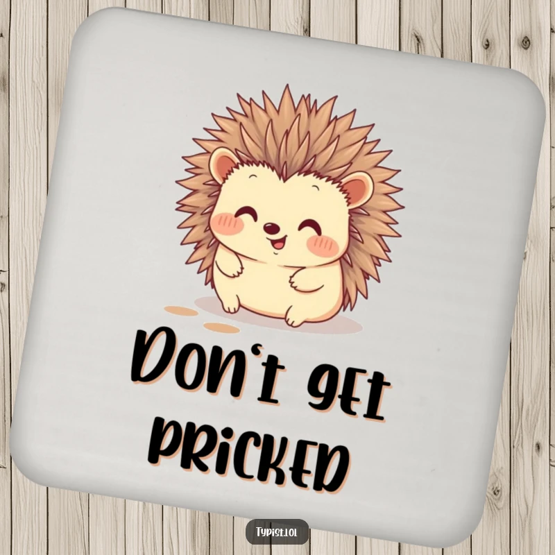 Funny hedgehog drink coaster with a happy hedgehog typing with its quills, leaving ink marks, artistic and protective.