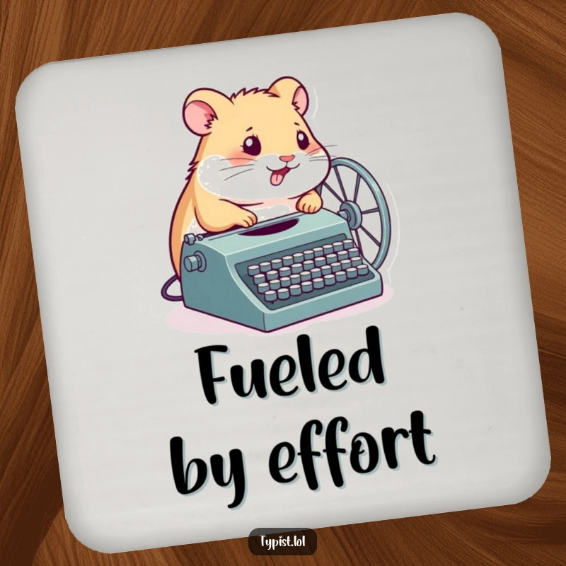 Funny Hamster Coaster: A determined hamster spins its wheel connected to a typewriter, protecting surfaces with motivational and humorous flair.