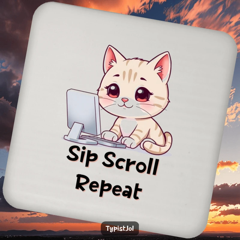 Funny drink coaster with a smiling cat intently staring at a computer screen, providing humorous and practical protection for tabletops.