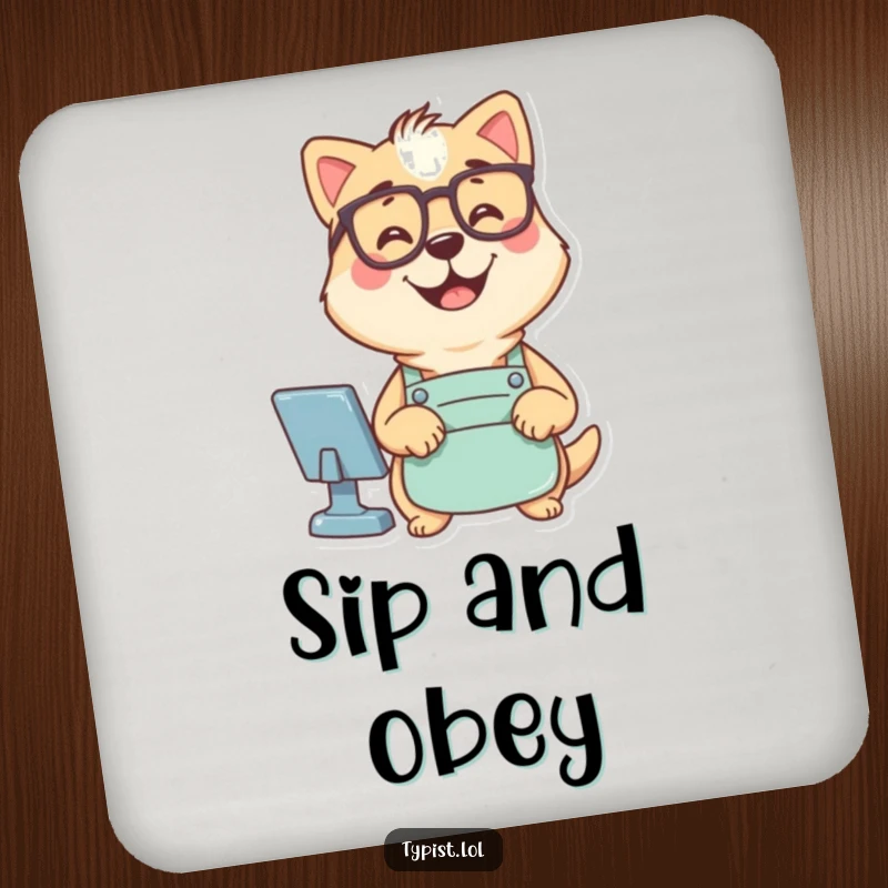 Funny drink coaster with a dog wearing glasses and an apron typing computer commands, adding smart humor to tables.