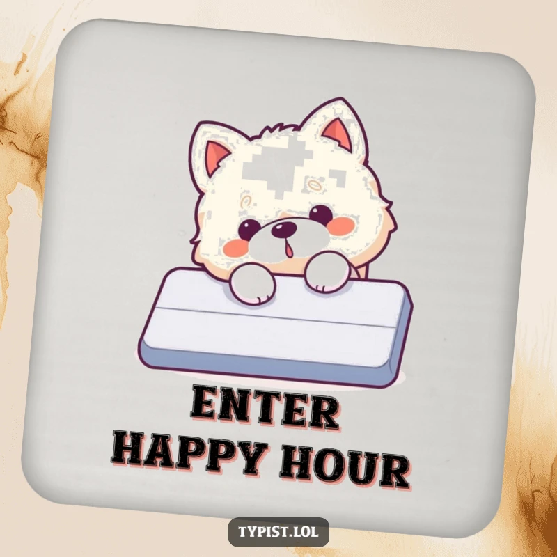 Funny dog coasters, a fluffy dog accidentally hits a giant enter key, protecting surfaces with humor.