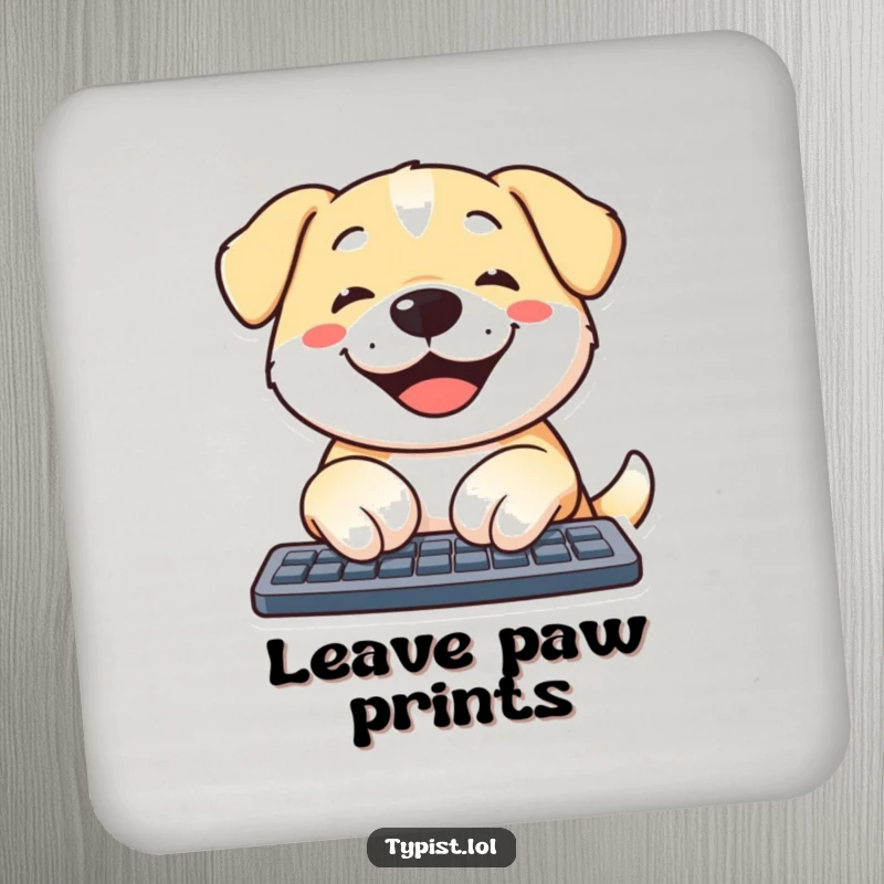Funny dog drink coaster with a smiling dog typing on a keyboard, protecting surfaces with humorous charm.