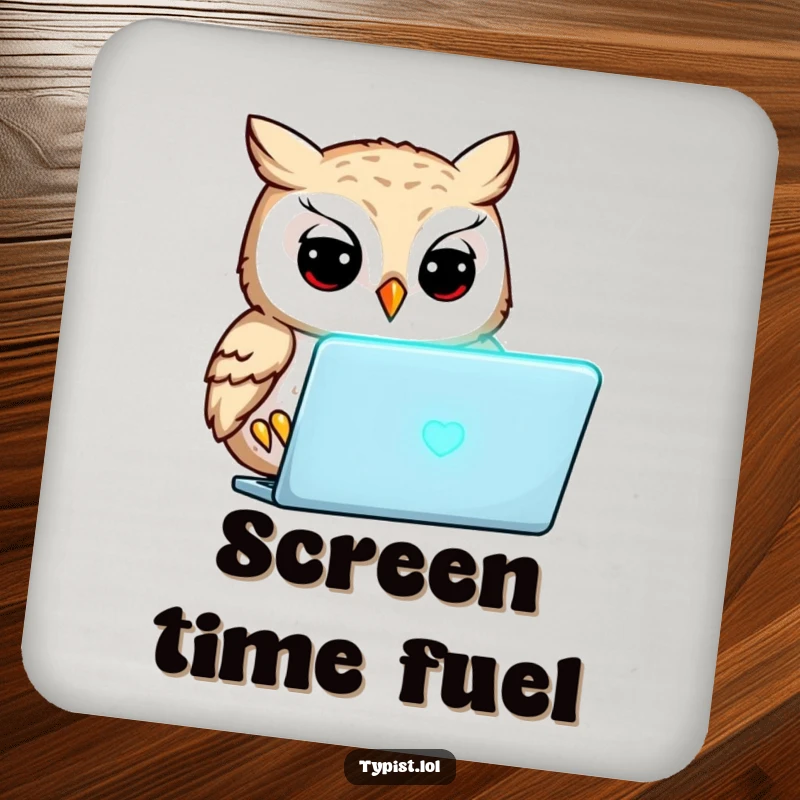 Funny owl intently focused on a glowing laptop screen, humorous drink coaster, intellectual desk accessory.