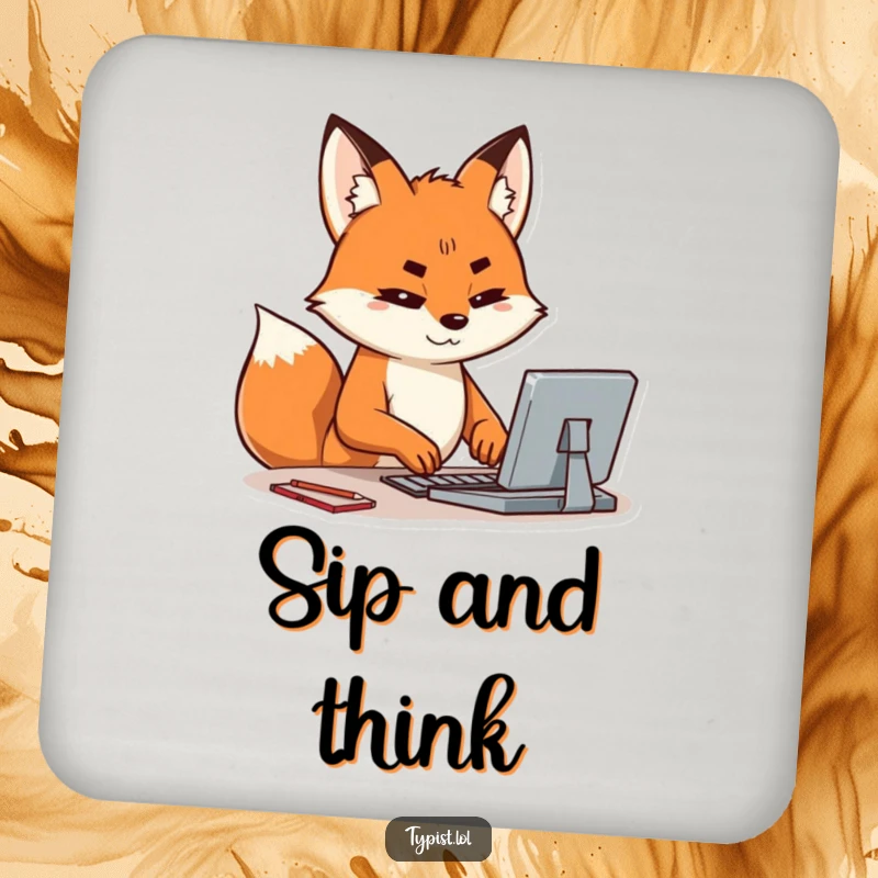 Funny drink coasters featuring a happy fox typing with intense concentration, ensuring drinks are placed with foxy focus.