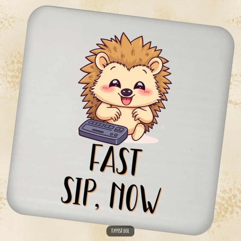 Funny drink coaster with a happy hedgehog typing rapidly with paws flying, providing humorous and practical protection for tabletops.