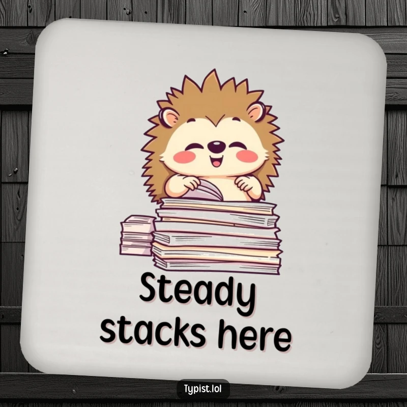 Funny drink coaster with a happy hedgehog character meticulously organizing stacks of paper, adding humorous table protection.