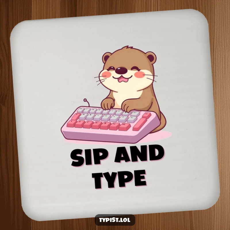 Funny Kawaii Otter Coaster: A happy otter types on a large keyboard, protecting surfaces with humor. Stylish and amusing.