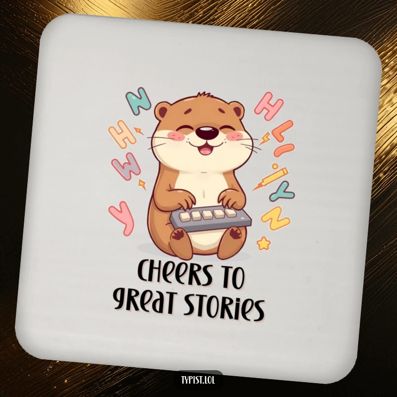 Funny otter coaster featuring a joyful otter typing rapidly with swirling letters, protecting tables with charm and humor.
