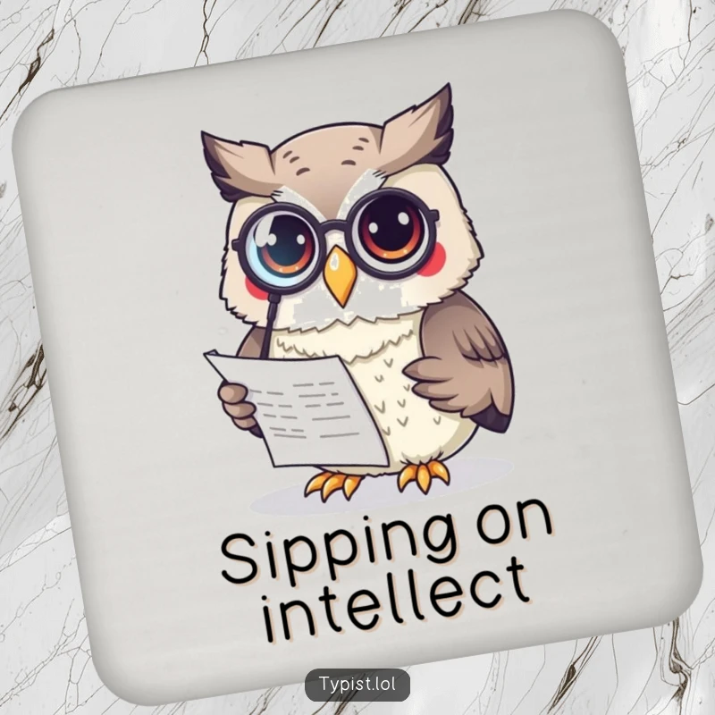 Funny Owl Coaster: A curious owl wearing a monocle reads a document, protecting surfaces with witty, intellectual humor.