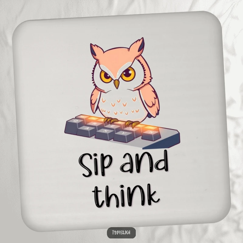 Funny Drink Coasters showcasing a determined owl pecking at illuminated keyboard keys, providing surface protection with a touch of academic humor.