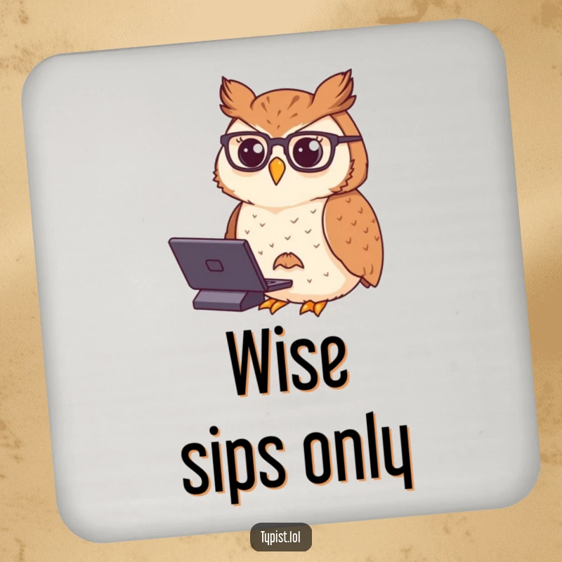 Funny drink coasters featuring a proud owl wearing spectacles, typing with dignified focus, ensuring drinks are placed with wise care.