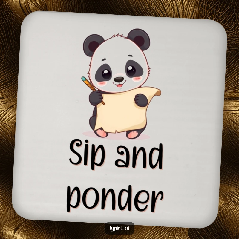 Funny Panda Quill Coaster: A giggling panda scribbles with a quill. Protects surfaces with humor.