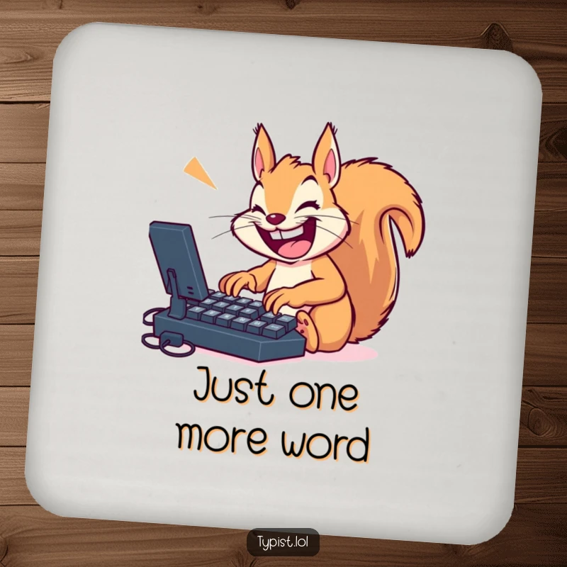 Funny squirrel energetically typing on a giant keyboard, featured on a coaster to protect furniture with a humorous touch.