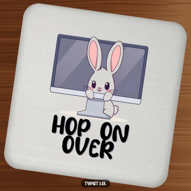 Funny rabbit drink coaster with a curious bunny peeking from behind a large computer monitor, looking observant.