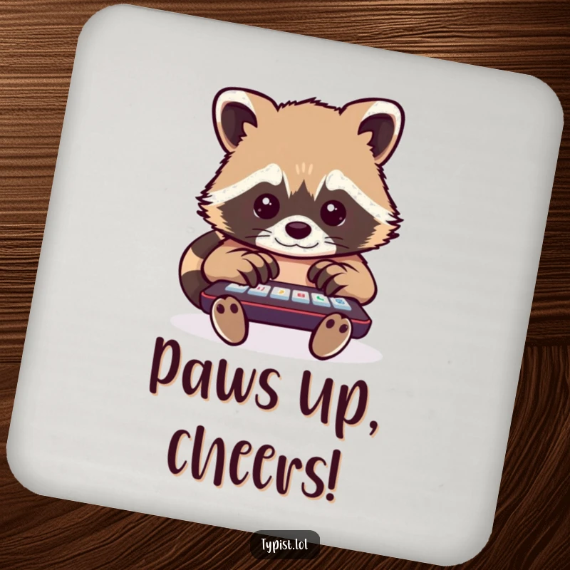 Funny raccoon typing drink coaster showing a busy raccoon typing with multiple paws, offering humorous surface protection.