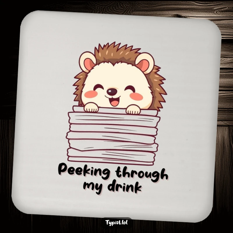 Funny happy hedgehog peeking from behind papers, humorous drink coaster, cute table accessory.