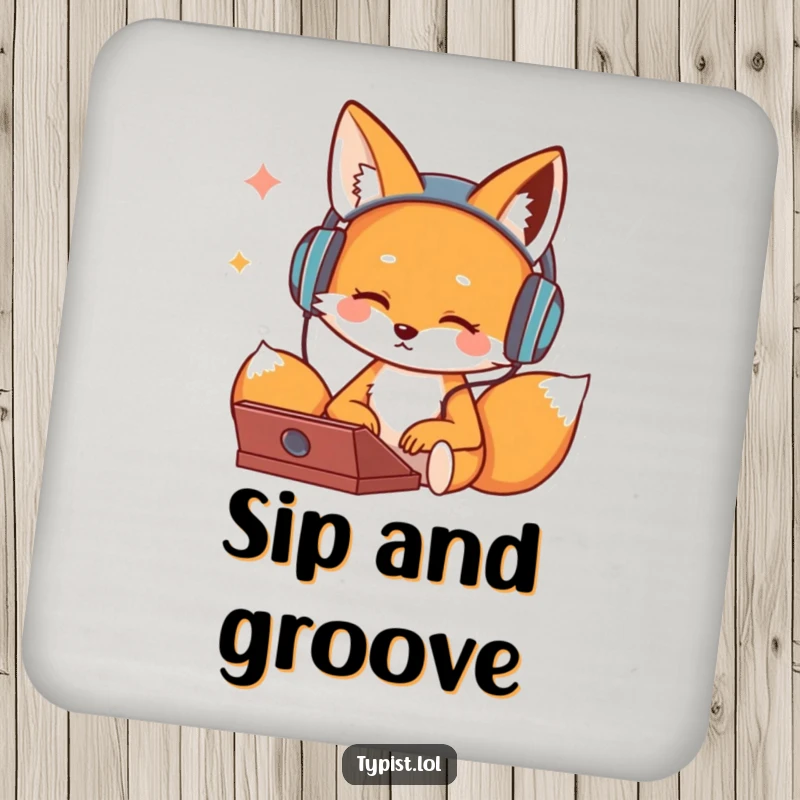 Funny coaster featuring a cute fox character wearing headphones and bopping its head while typing, protecting surfaces with humor.