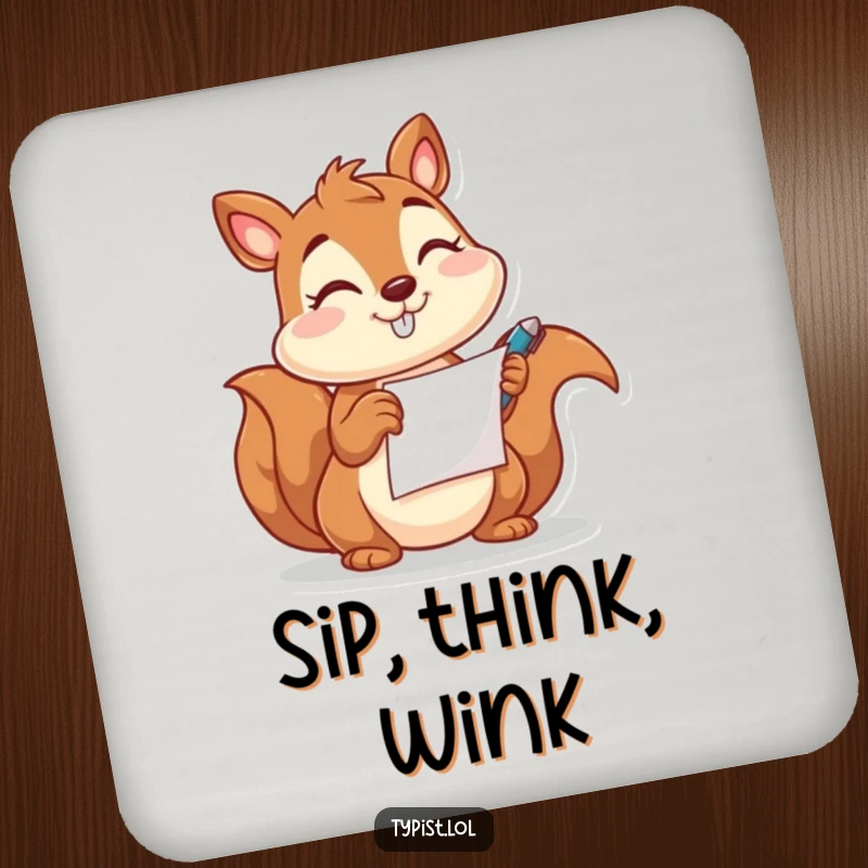 Funny coaster featuring a happy squirrel character winking while holding a pen and paper, protecting surfaces with humor.