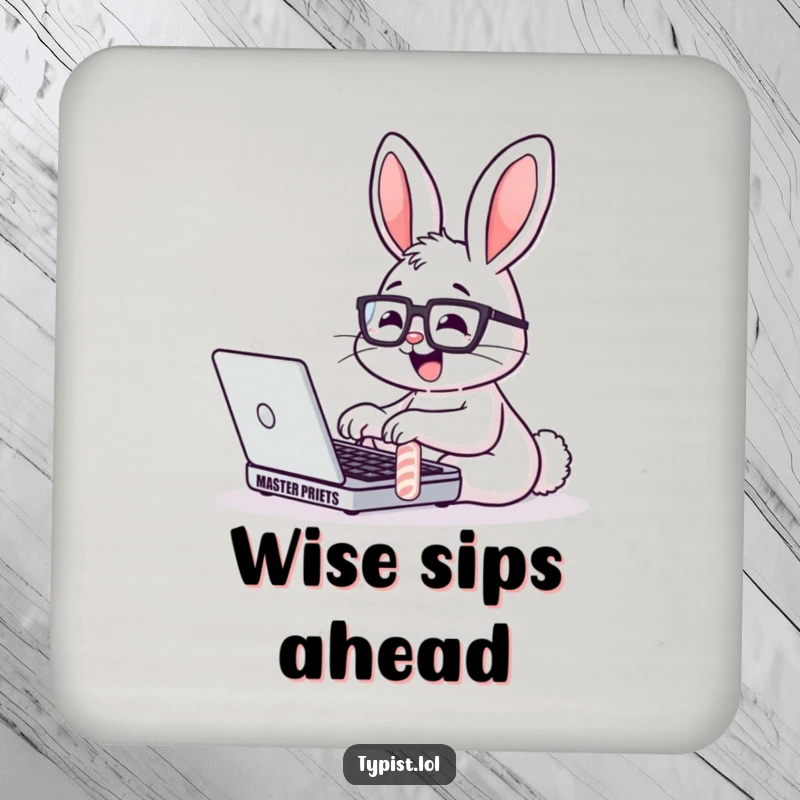 Funny Bunny Glasses Laptop Coaster: A studious bunny types on a laptop. Protects surfaces with humor.