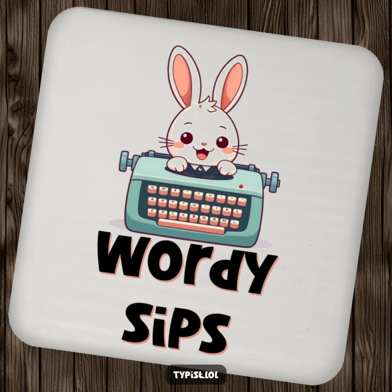 Funny drink coaster with a cheerful rabbit typing on a large typewriter, protecting surfaces with literary humor.