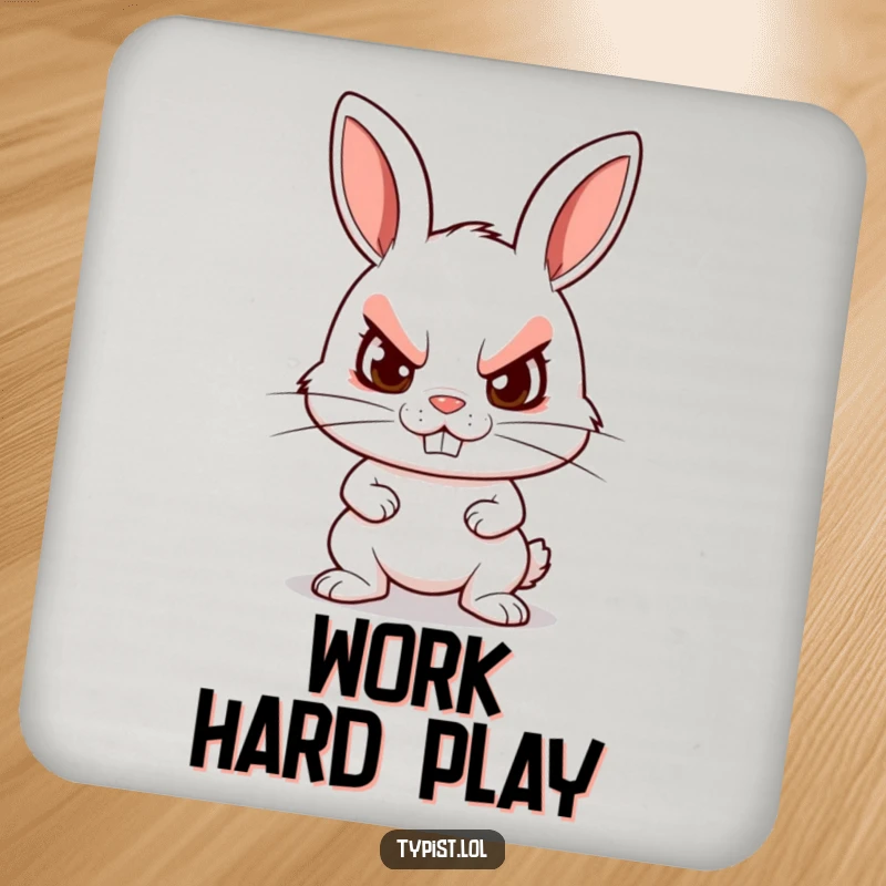 Funny coaster featuring a determined rabbit character typing furiously with a grin, protecting surfaces with humorous drive.