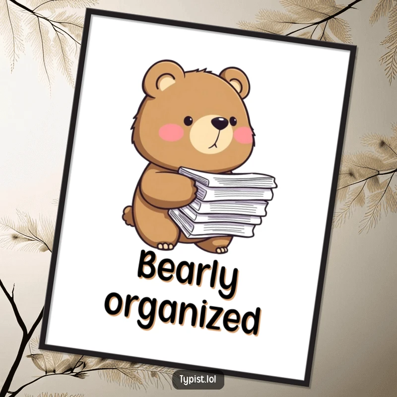 Funny poster art of a determined bear with a huge pile of papers, symbolizing perseverance and the challenges of workload.