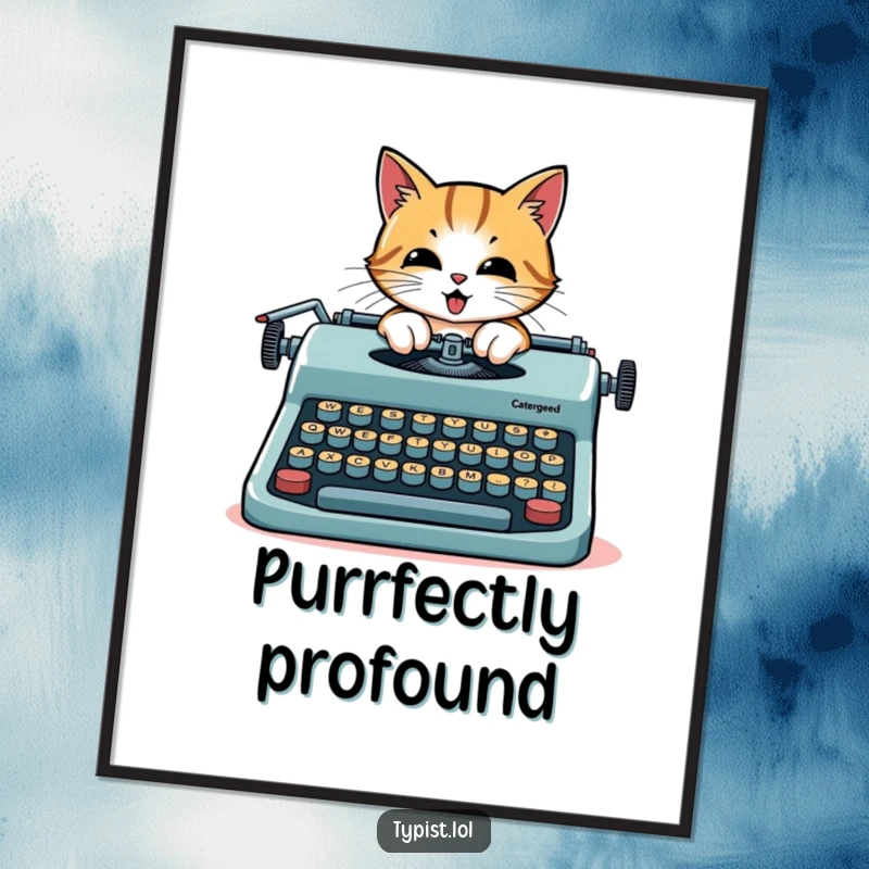 Funny cat poster, a determined cat enthusiastically typing on a giant typewriter with oversized keys, symbolizing literary creation.