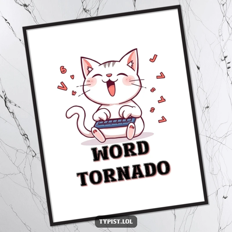 Funny poster of a delighted cat typing furiously, a stream of letters in its wake, capturing intense creative flow.