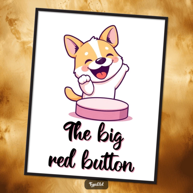 Funny poster art of an energetic, bouncing dog about to press a large button, capturing a moment of pure, uninhibited joy.
