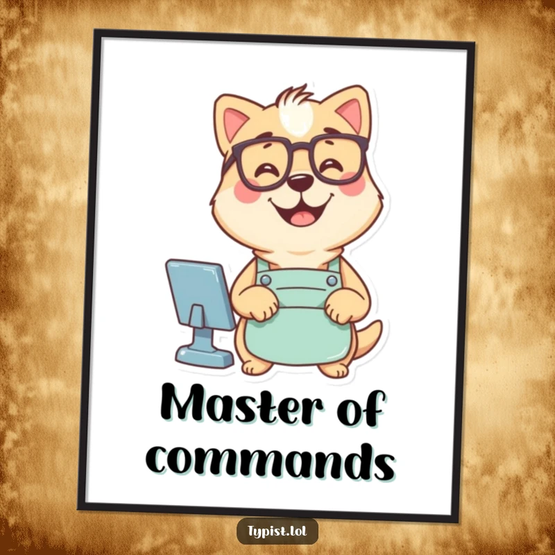 Funny poster showing a smiling dog wearing glasses and an apron, actively typing computer commands, a humorous depiction of coding.