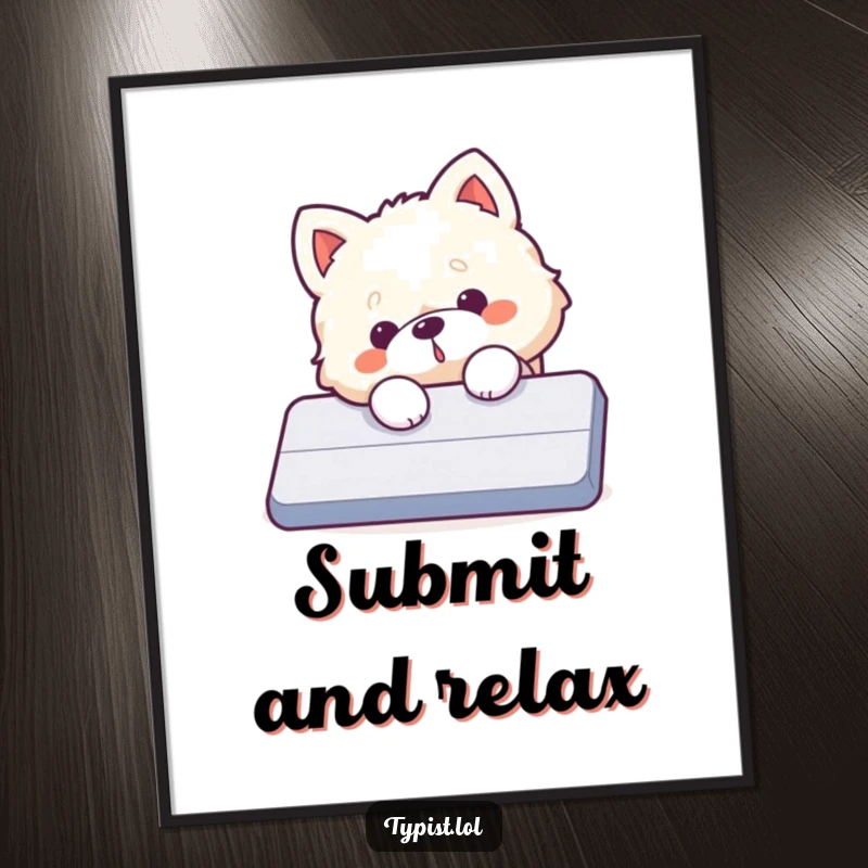 Funny dog poster, a fluffy dog accidentally hits a giant enter key on a computer keyboard, creating a humorous scene.