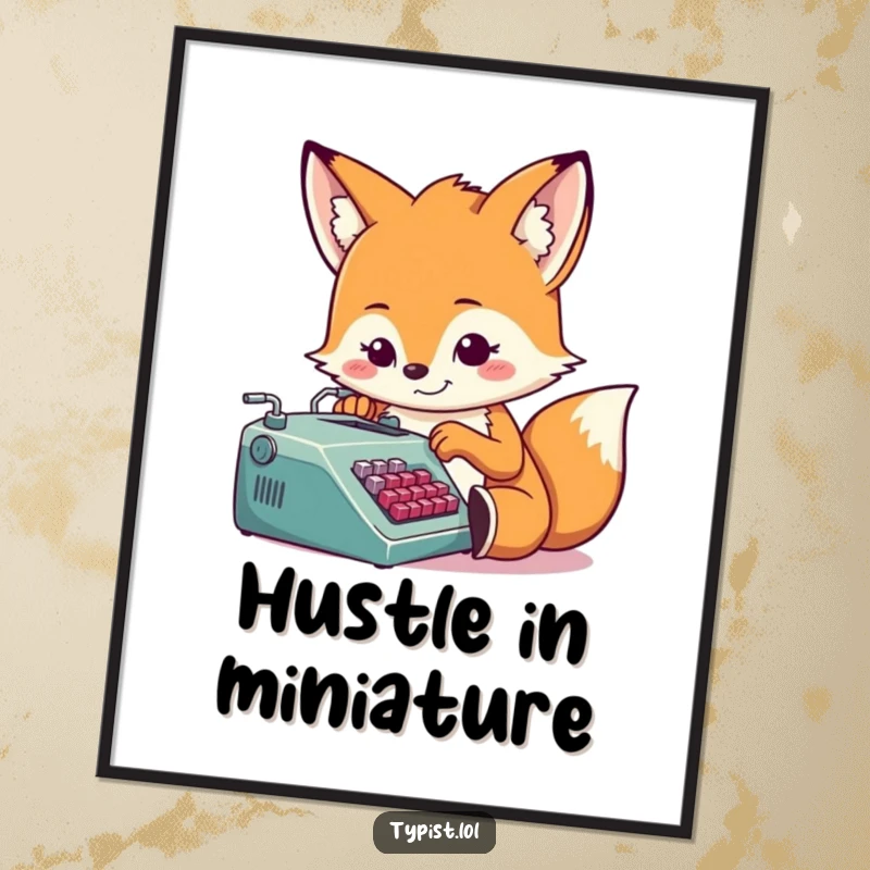 Funny fox with a determined grin, typing on a tiny typewriter, wall art poster, humorous office decor, cute animal.