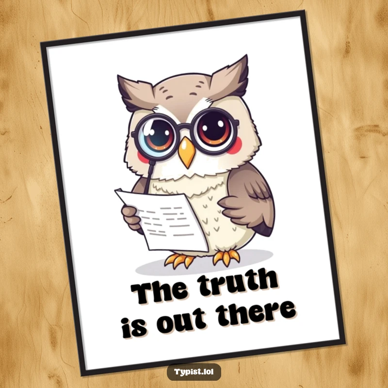 Funny Owl Poster: A curious owl wearing a monocle intently reads a document, bringing sophisticated and witty humor to wall decor.