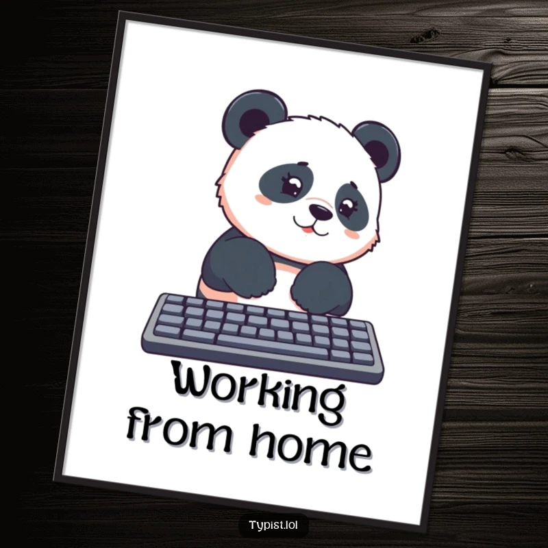 Funny panda with curious eyes, paws hovering over a computer keyboard, creating a humorous art print for walls.