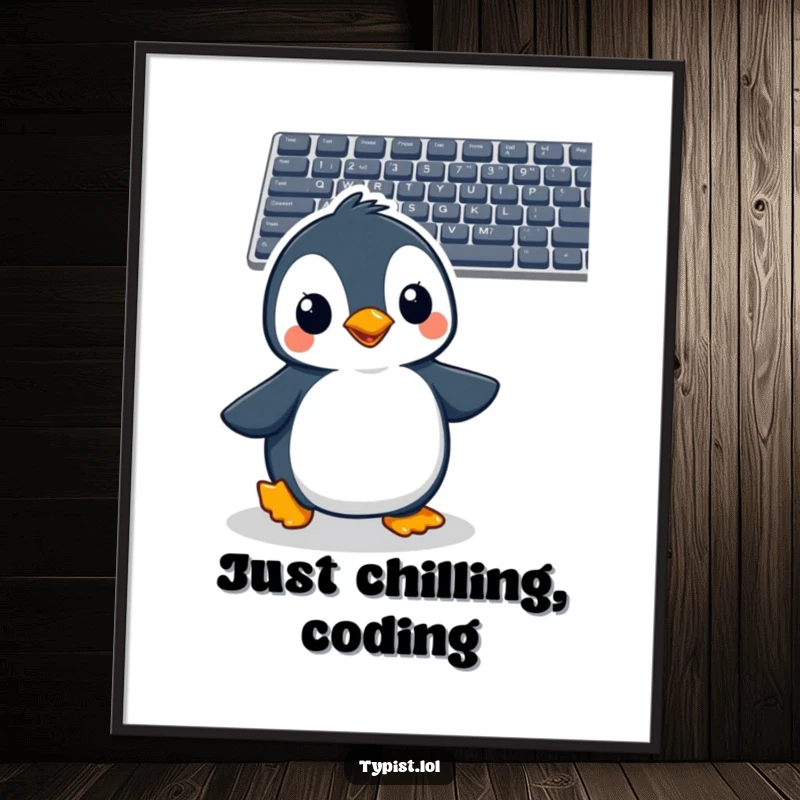 Funny penguin poster illustrating a cheerful penguin waddling with anticipation towards a computer keyboard, ready to type.
