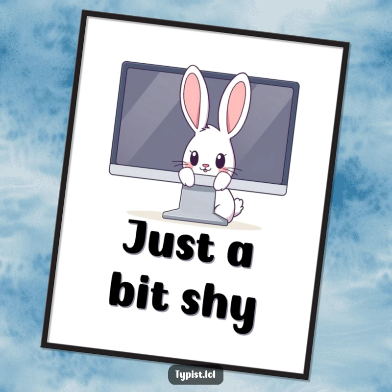 Funny rabbit poster featuring a curious bunny peeking from behind a massive computer monitor, with wide, inquisitive eyes.