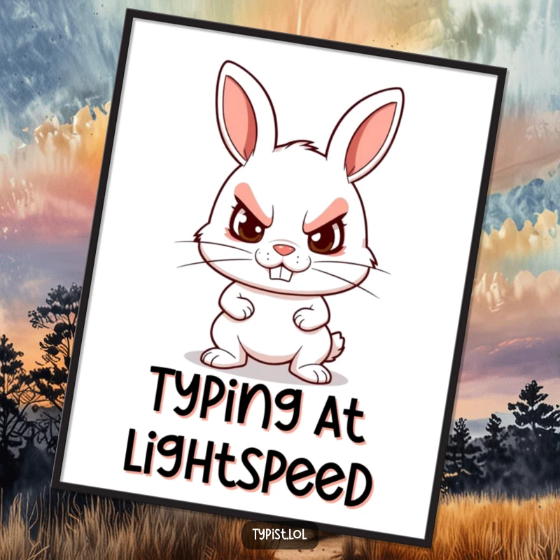 Funny poster of a determined rabbit character typing furiously with a grin, adding motivational and humorous energy to decor.