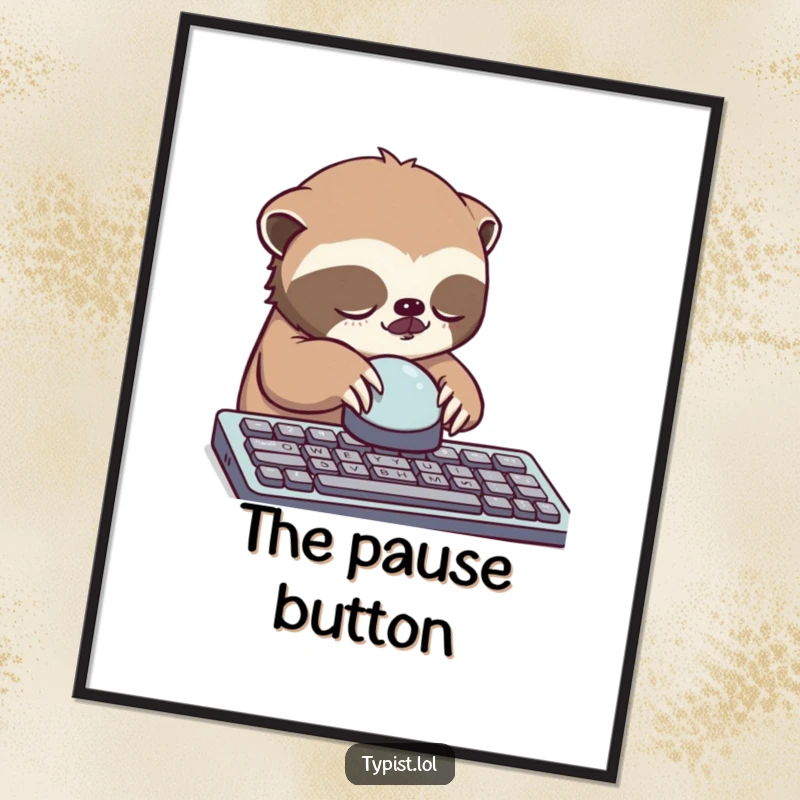 Funny sloth poster, sleepy sloth slowly pressing a single large keyboard button, vibrant wall art.