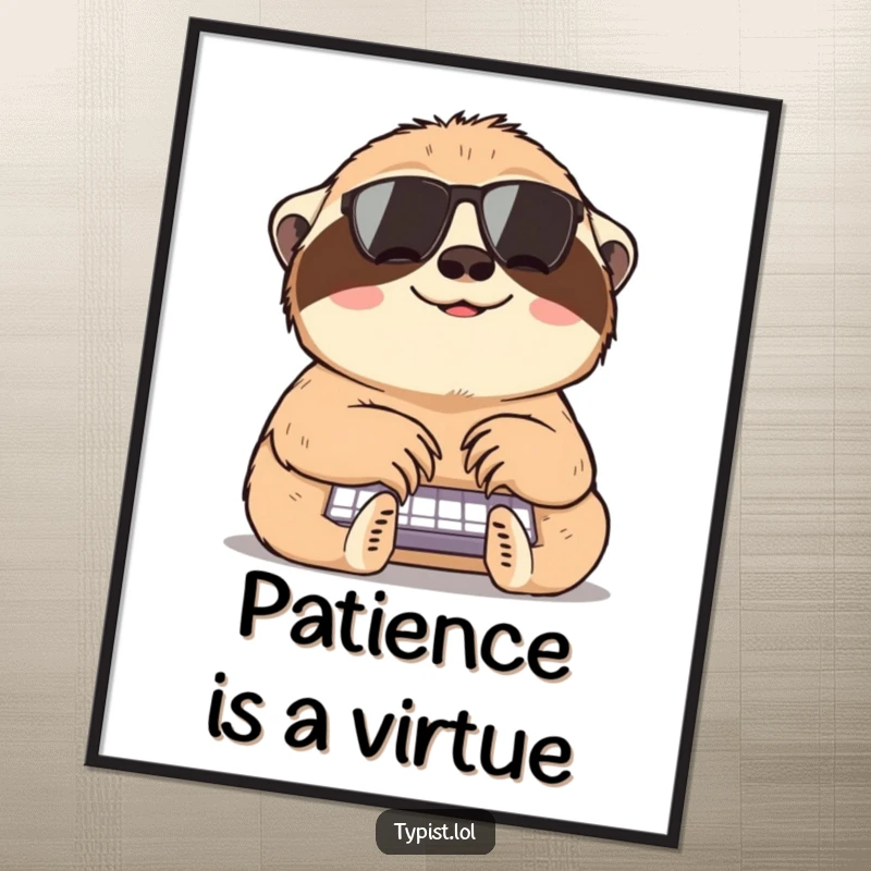 Funny sloth poster showing a cheerful sloth typing at a snail's pace, bringing slow-burn humor to any wall space.