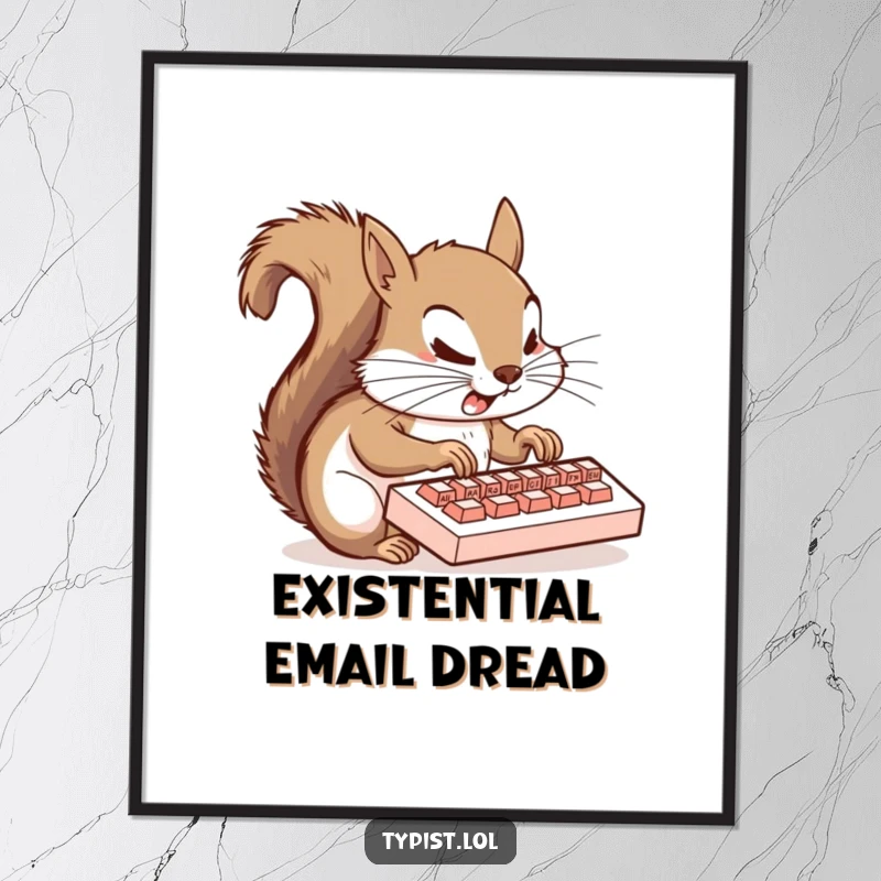 Funny squirrel poster showing a chaotic squirrel typing intensely on a small keyboard with all four paws, a humorous office scene.