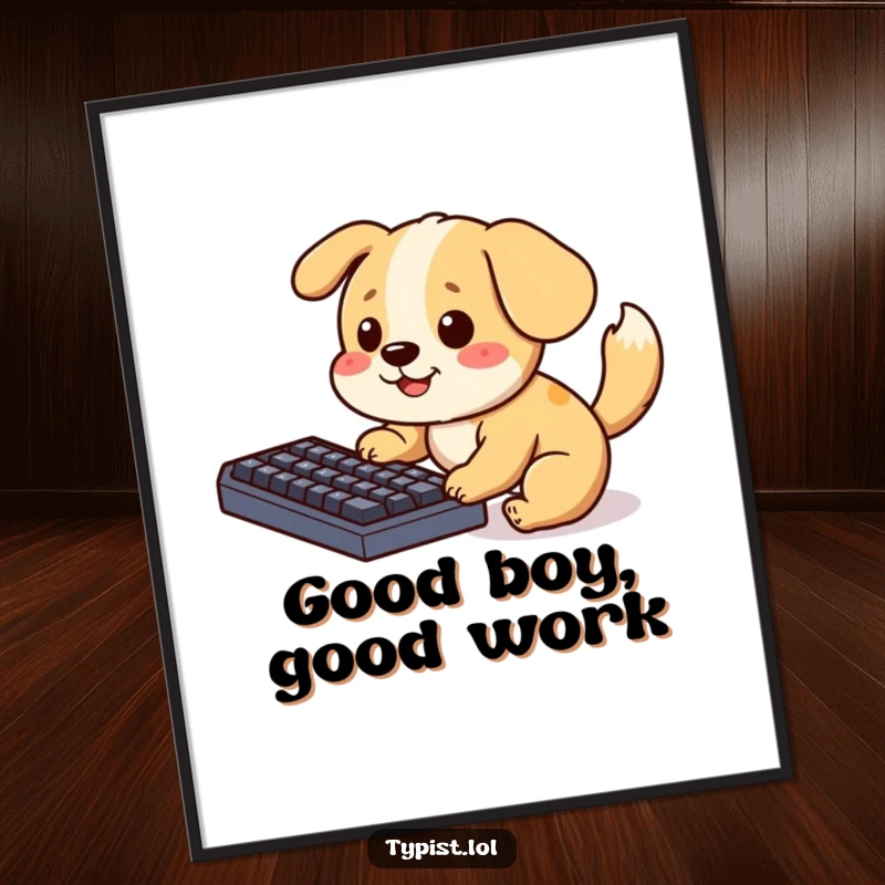 Funny Poster of a playful dog wagging its tail while intently pecking at a computer keyboard, creating humorous and relatable office art.