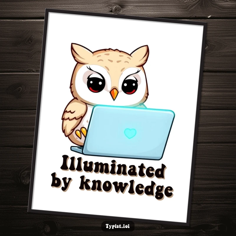 Funny owl concentrating intently on a glowing laptop screen, humorous wall art, perfect for study rooms.