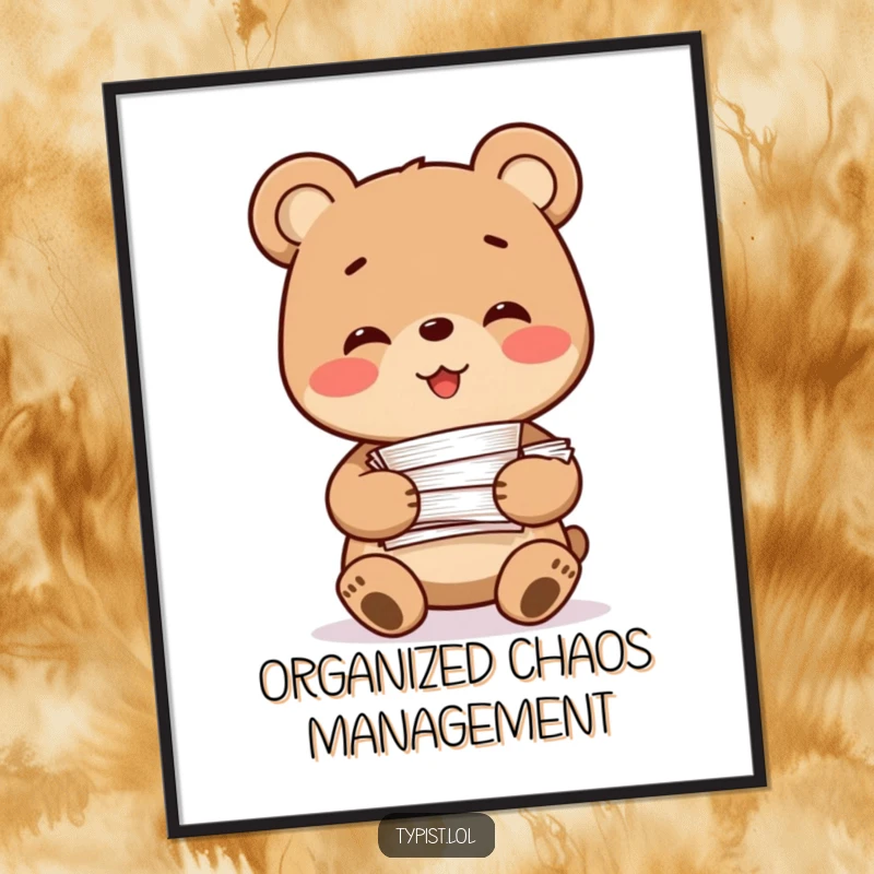 Funny Bear Poster: A smiling bear character happily holds a substantial stack of papers, bringing relatable office humor to wall decor.